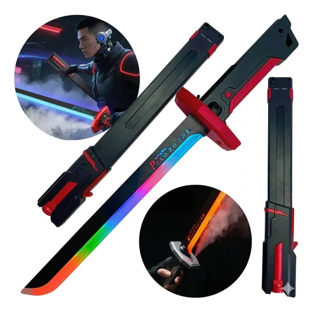 Espada Katana Ninja De Luz Led Rgb Sabre Com Faísca E Fumaça Preto