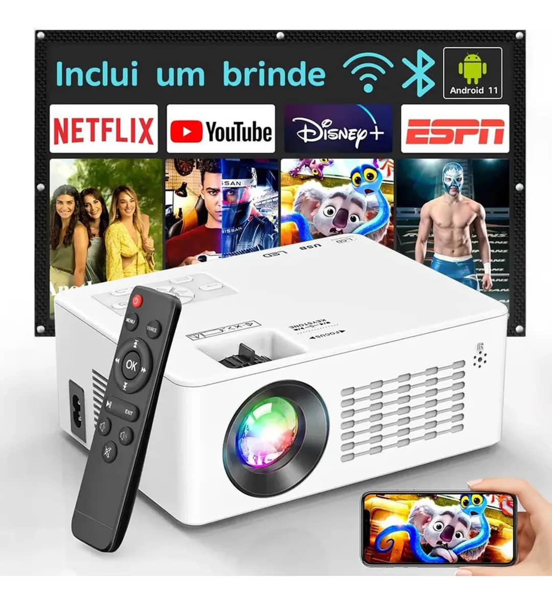 Projetor Profissional Android 4k Portátil 5g Wifi Full Hd Branco 127/220v
