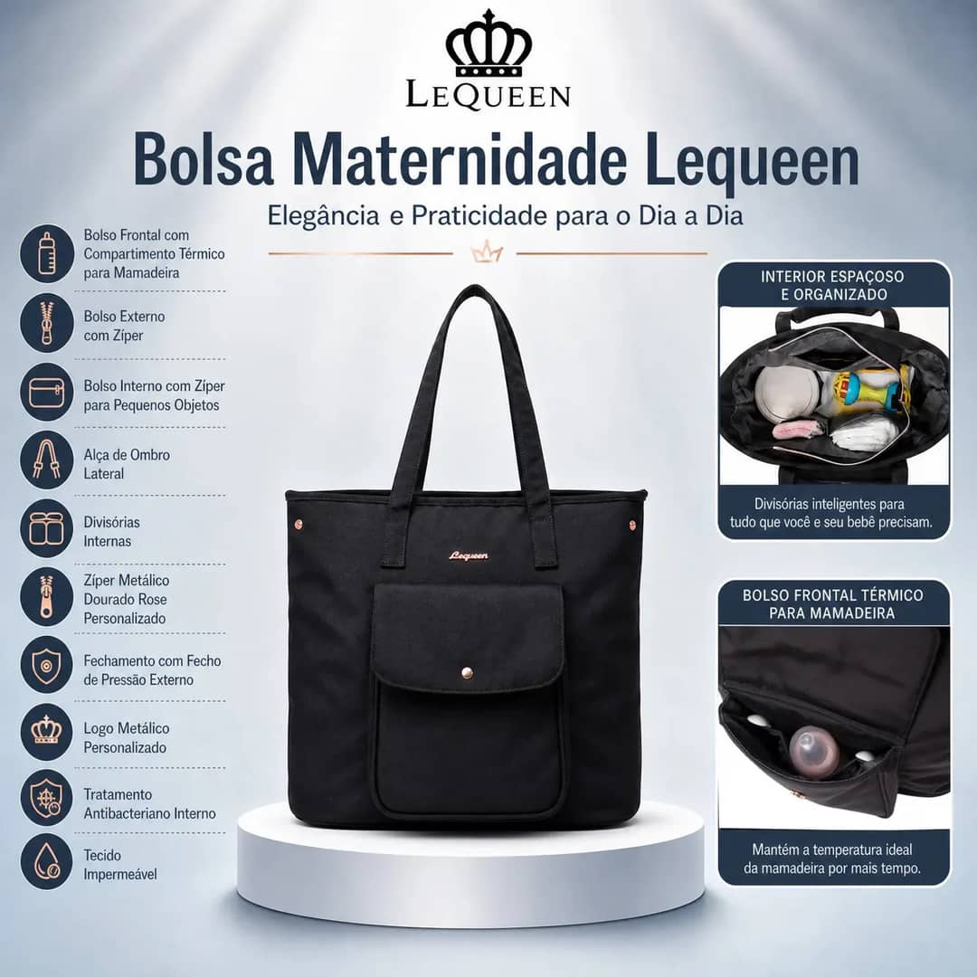 Bolsa Maternidade Lequeen Multifuncional Viagem Grande Cor Preto Capacidade Ampla De 25l Com 2 Bolsos Térmicos Para Mamadeiras Mala Maternidade