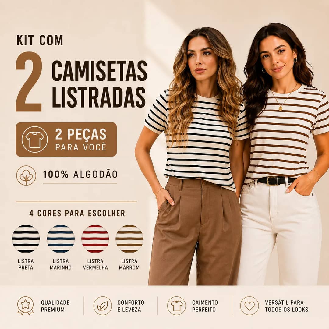 Kit 2 Blusa Camisetas Listradas Basica Chic Algodão Casual Marrom E Preto Listrada M Estampado