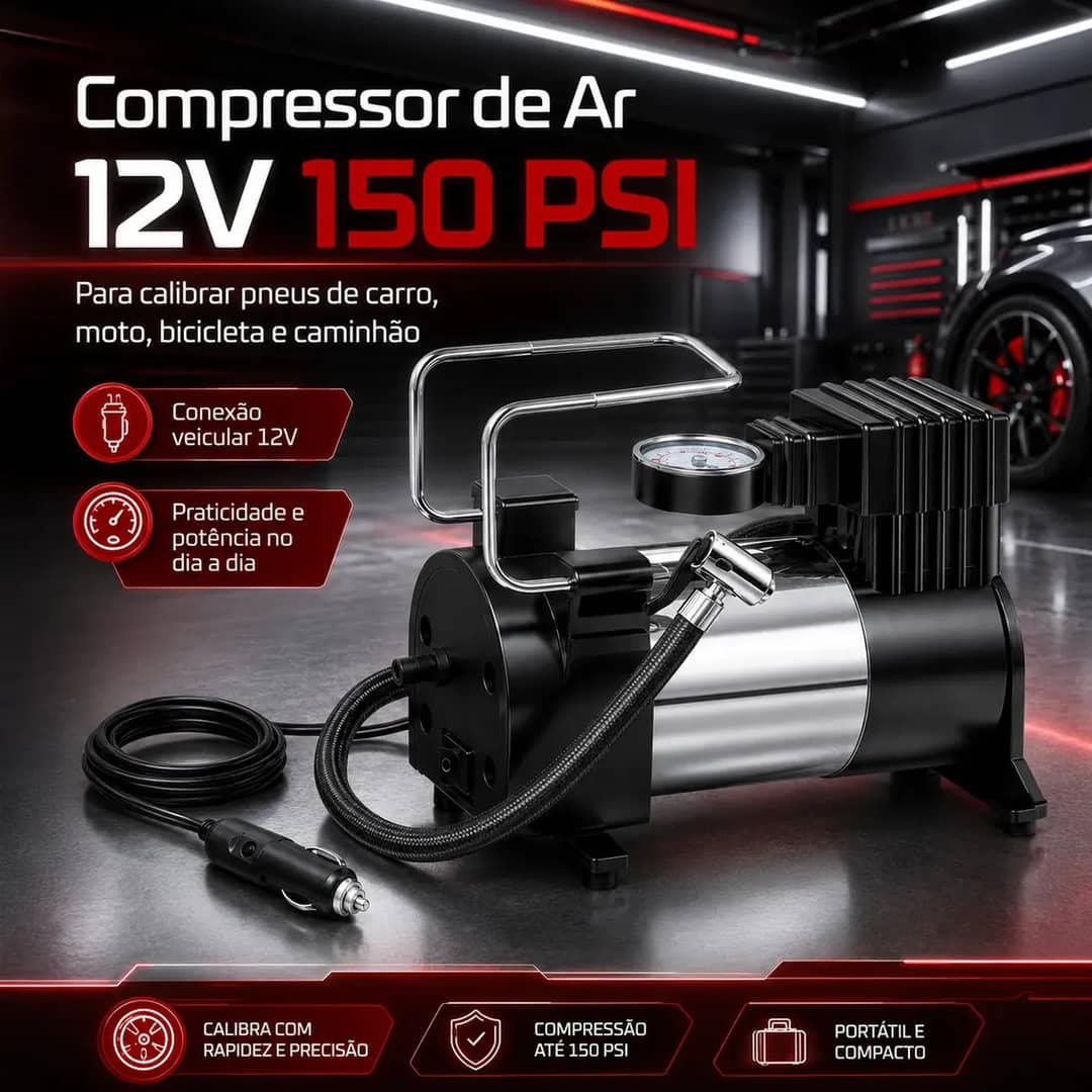 Compressor De Ar Portátil Digital Para Carro, Moto E Bike Preto 127/220v 60 Hz Monofásica