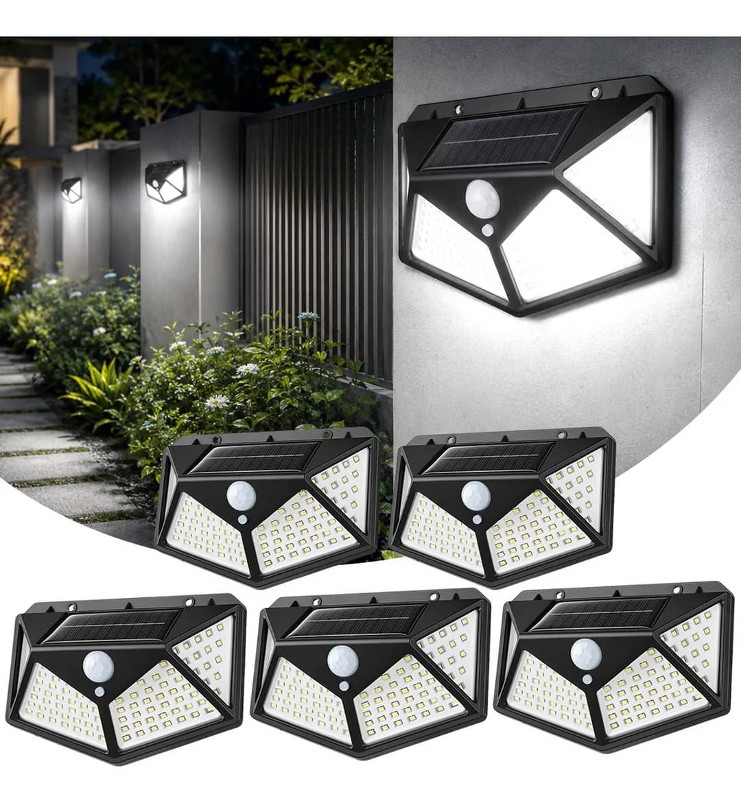 Kit 5 Luminárias Solar 100leds A Prova D'água Parede Externa 127/220v Preto