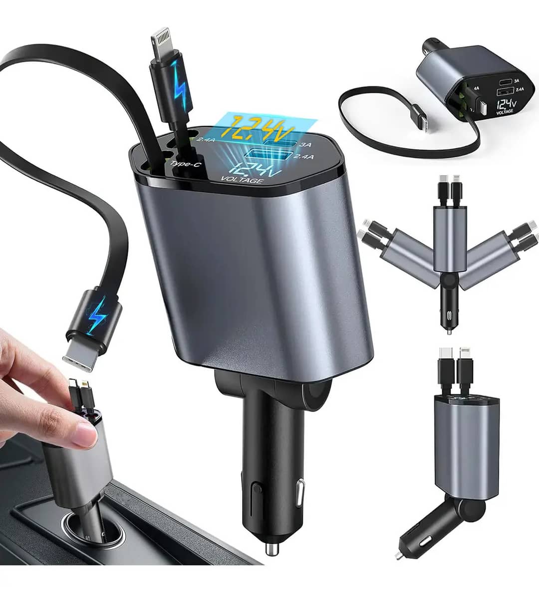 Carregador Veicular 4 Em 1 Tela Led Type-c Rápida 60w Protocolo 120w Do Apoio Funciona Com Huawei, iPhone, Motorola, Samsung, Xiaomi 12/24v Preto
