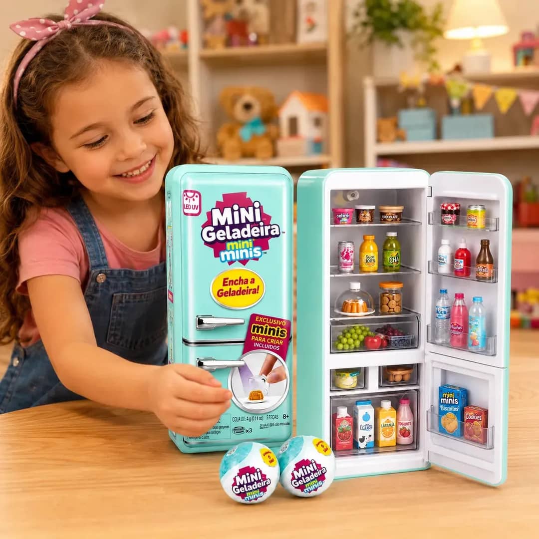 Mini Geladeira + 2 Cápsulas Bola Surpresa Mini Brands Que Faz Pudim Azul Turqueza