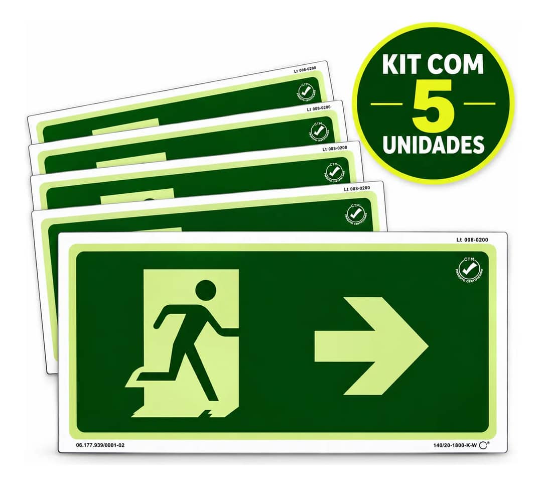 Kit 5 Placas Fotoluminescente Saída Direita 15x30cm