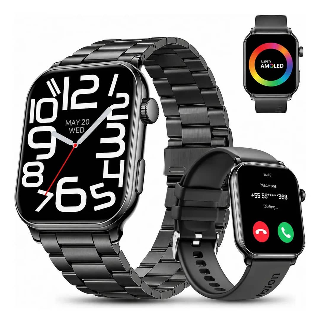 Relógio Inteligente Smartwatch Chamadas Bluetooth Aolon Gts3 Preto Masculino Feminino Esportivo Notificações Instantâneas Agua Ip68 1.85 Amoled Com Codificador Monitor Cardíaco Spo2 2 Pulseiras 8,8mm