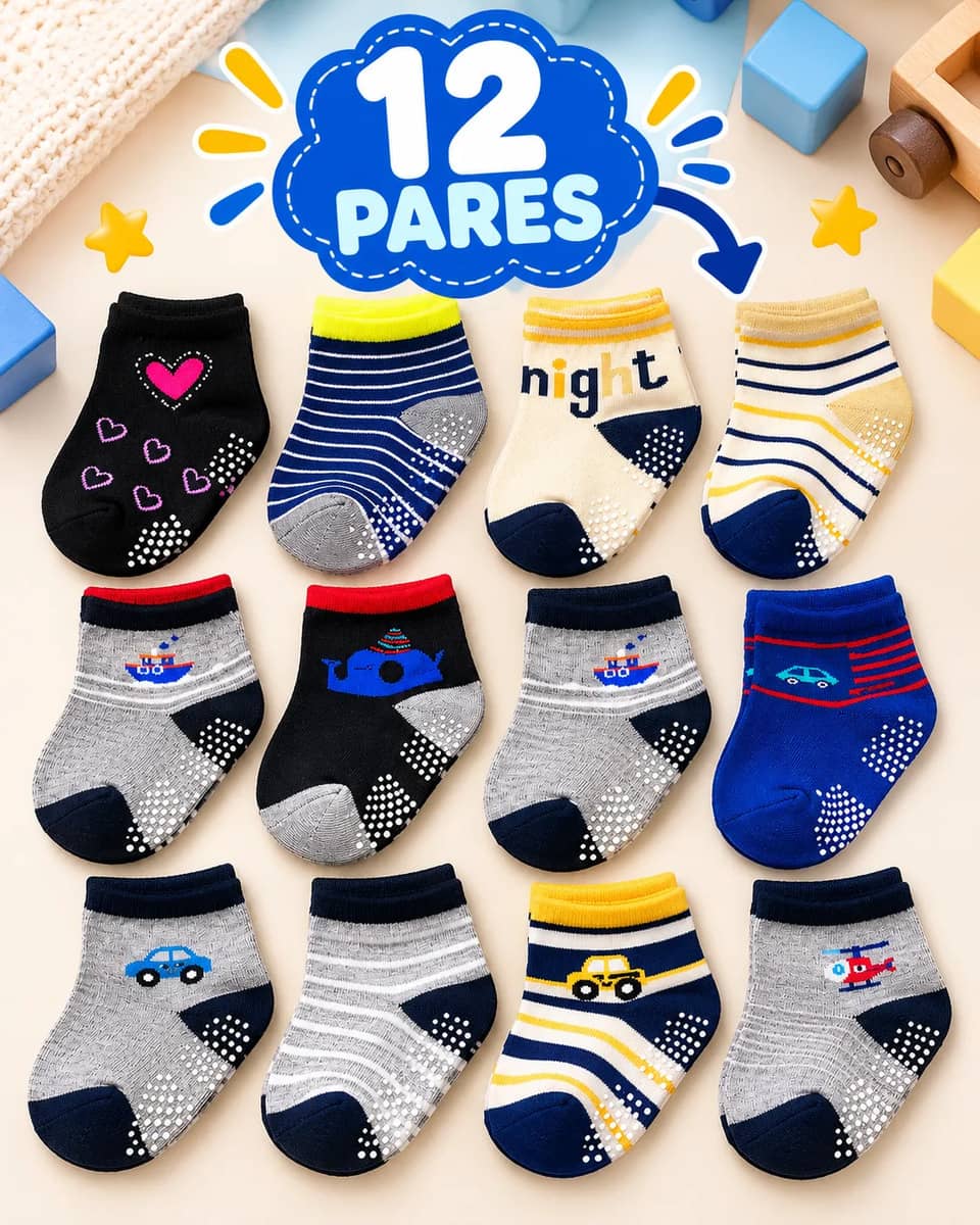 Kit 12 Pares Meias Antiderrapante Bebê Infantil Unissex Variadas 01 A 02 Anos