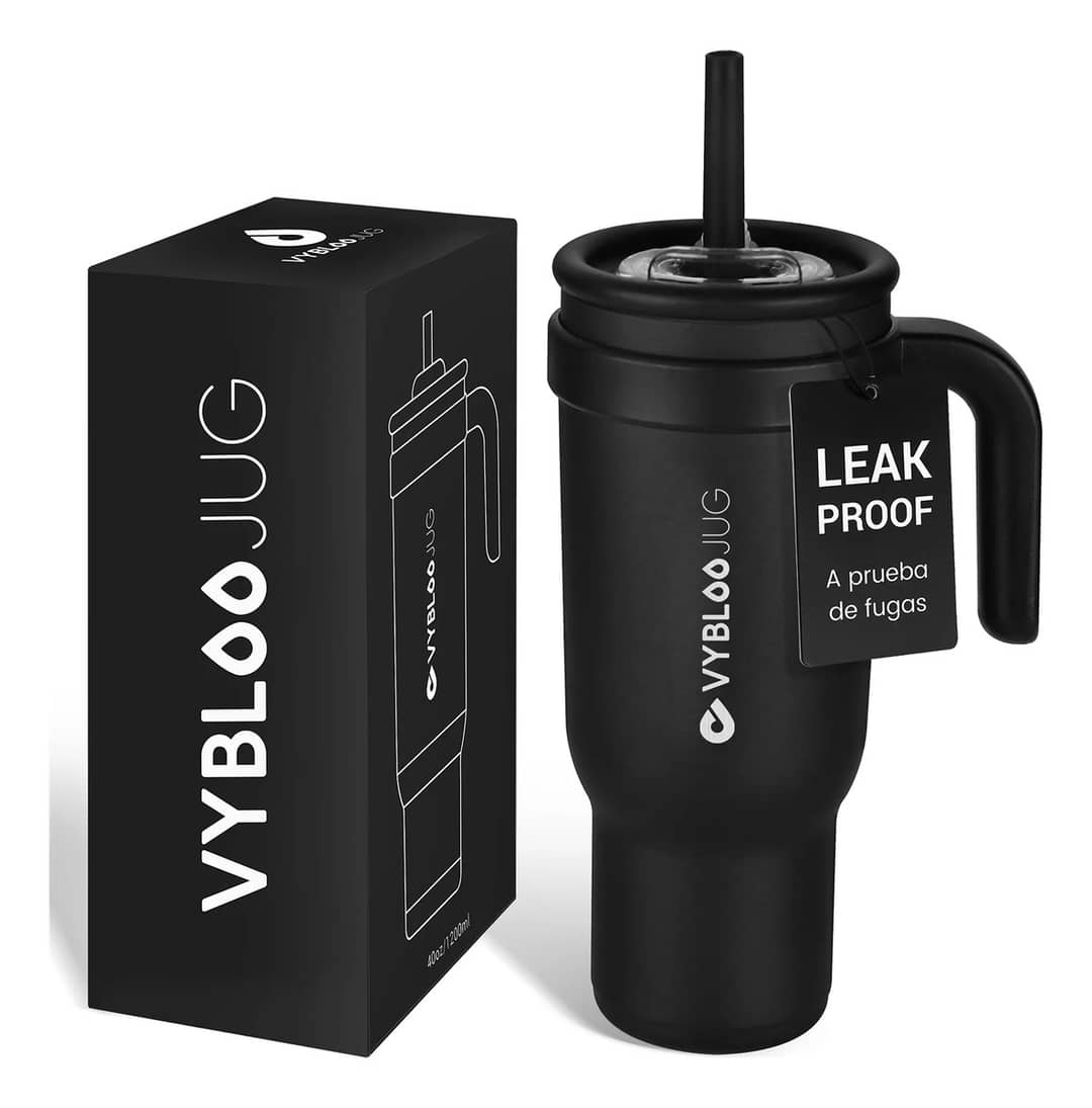 Copo Térmico Canudo 1200ml Inox Com Tampa E Alça Para Água Preto Fizz Sombrio
