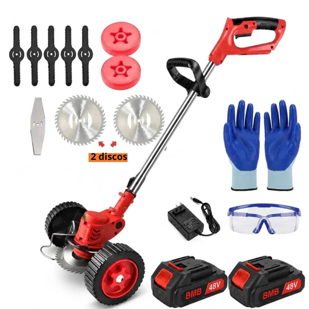 Roçadeira Eletrica Cortador De Grama 48v Bivolt 2 Baterias Portátil Sem Fio Com Rodas 127/220v Vermelho