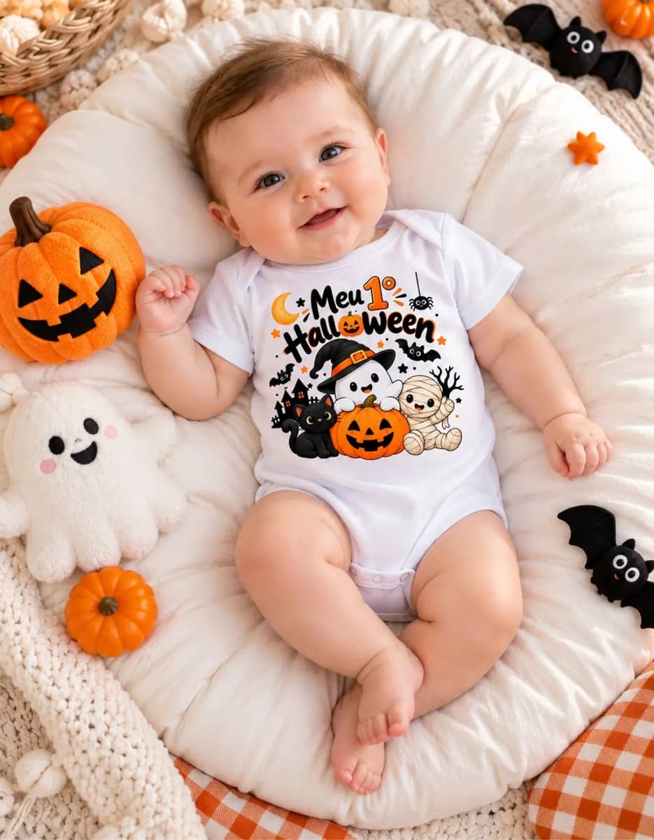 Body Bebê Fantasia Mesversário Temático Manga Curta Turminha Halloween M (3-6 Meses) Ate 8kg