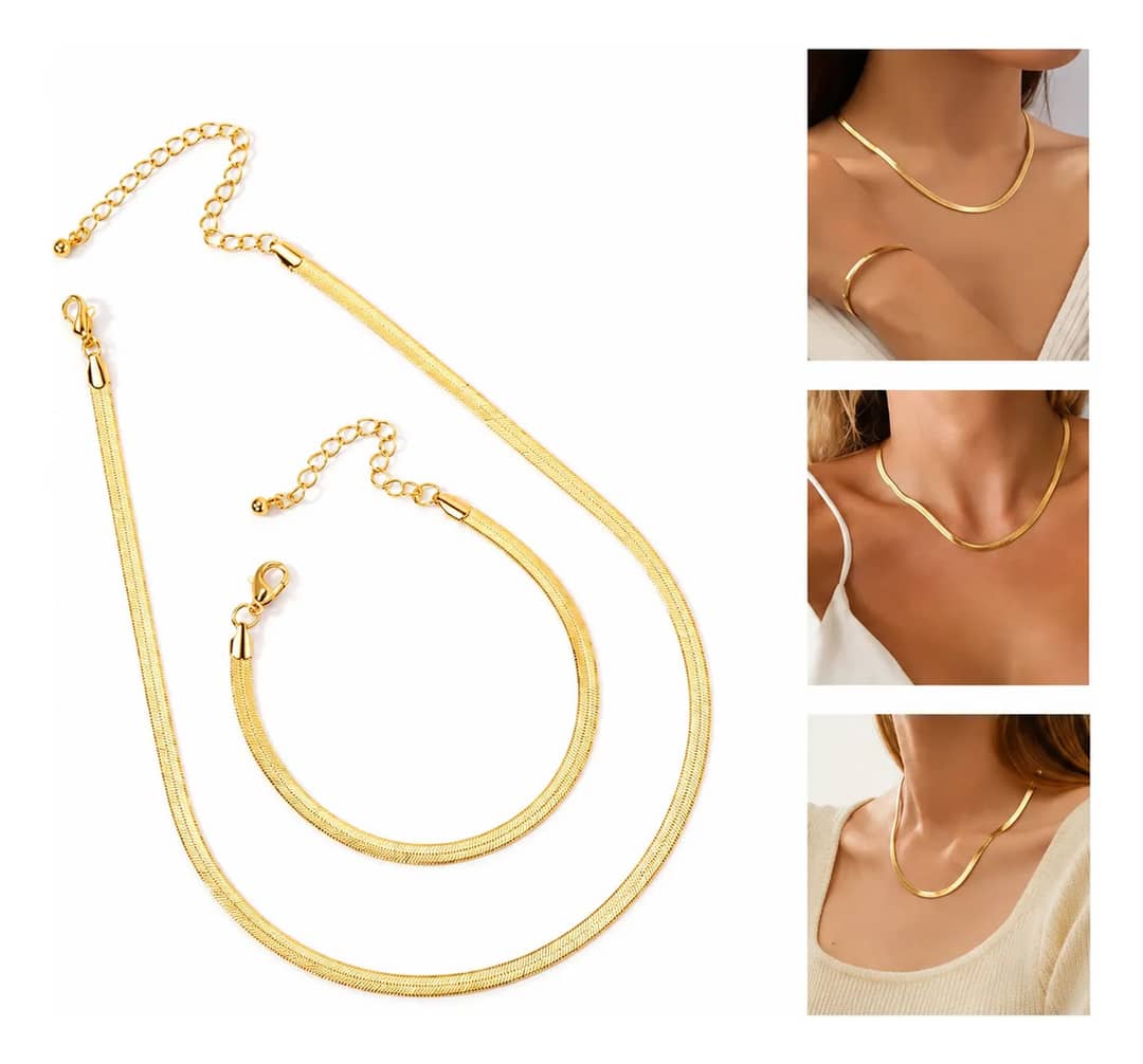 Conjunto Colar Gargantilha Chocker E Pulseira Laminada Ouro Dourado