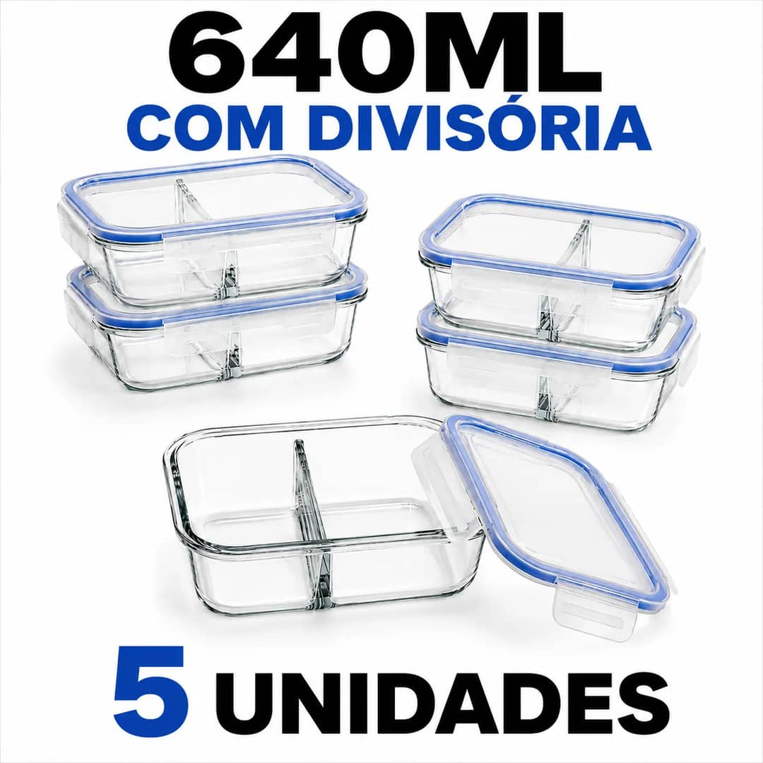 Conjunto 5 Potes Hermético Vidro 640ml C/ Divisória Marmita Transparente