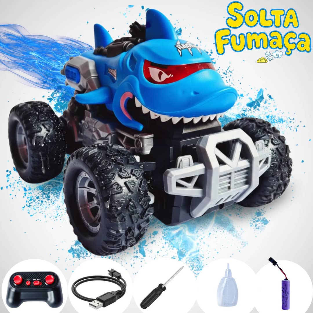Carrinho Controle Remoto Brinquedo Tubarão Solta Fumaça Azul Shark Tubarão