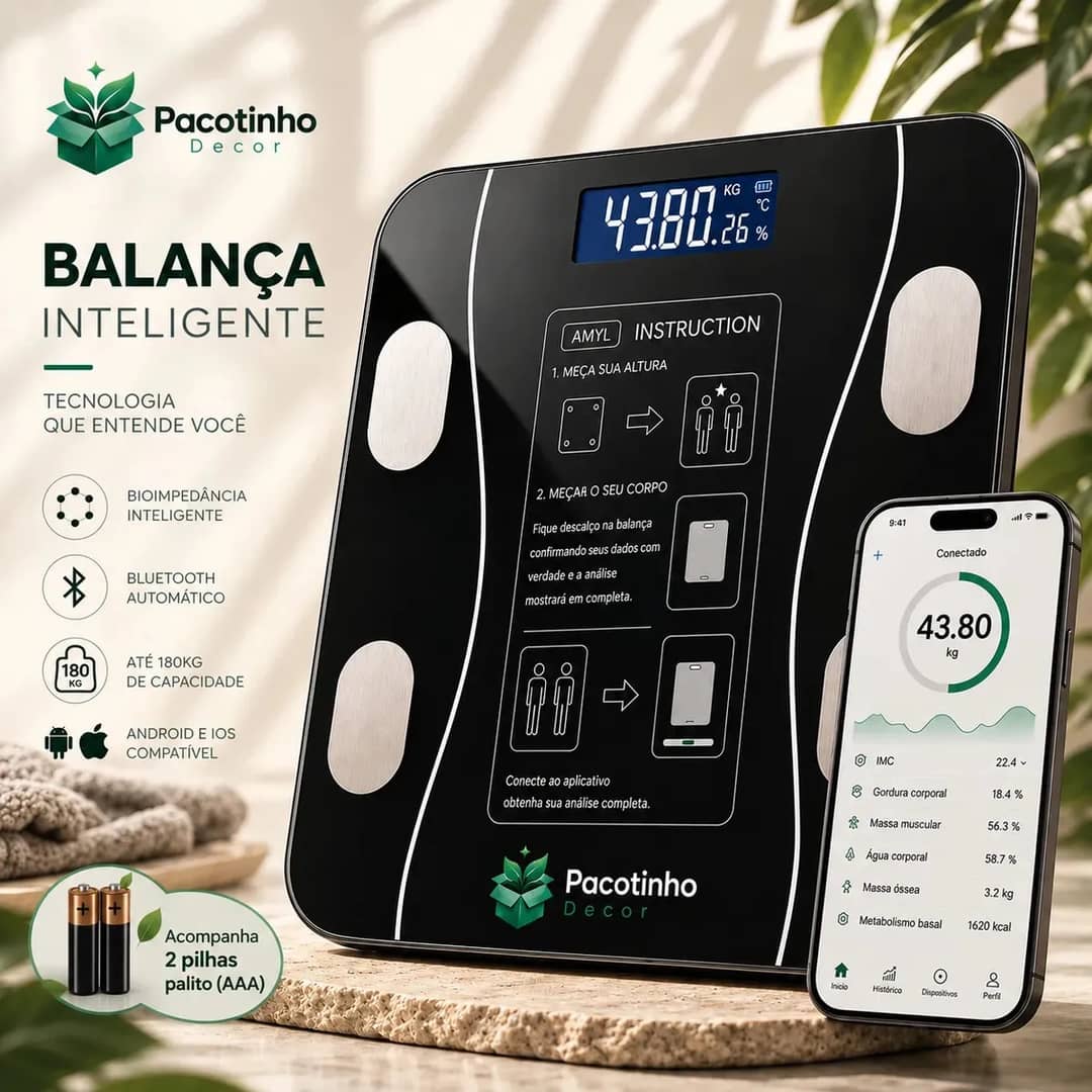 Balança Digital Smart Bioimpedância 180kg Bluetooth Imc Corporal App Android Ios Pacotinho Decor 3v