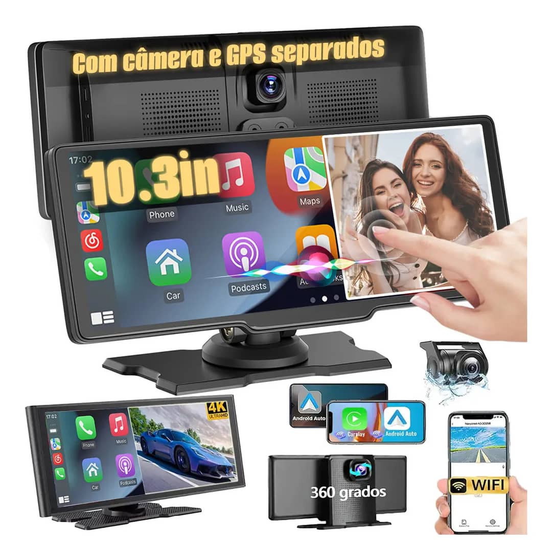 Central Multimídia 10,26 Portáti Carro Com Carplay E Android Auto Sem Fio E Dashcam Cam Ré
