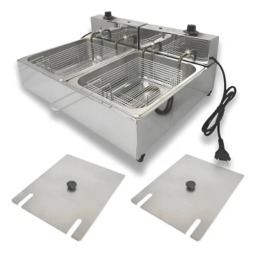 Fritadeira Industrial Elétrica 10l Inox 2 Cubas Com Tampa Inox 220v