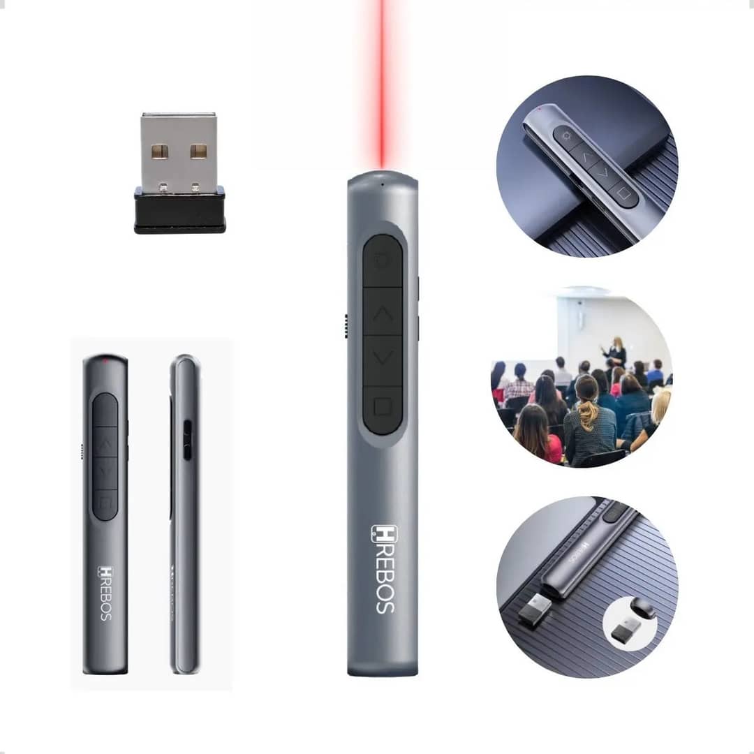Apresentador De Slides Hrebos Recarregável Prateado 200m Laser Usb
