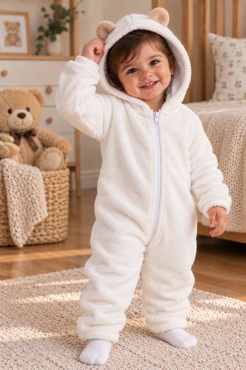Macacão Pelúcia Bebê Ursinho Quentinho E Fofo Branco Zíper Lisa P