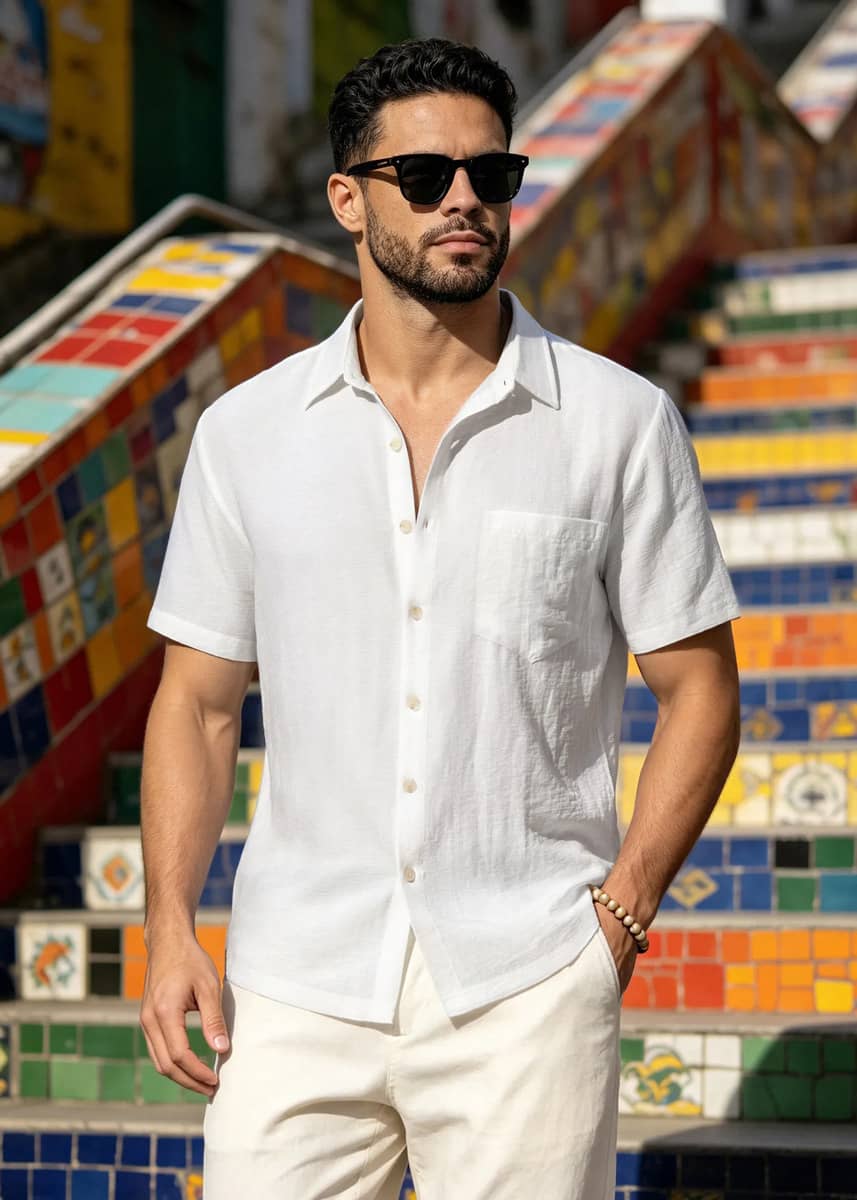 Camisas Linho Masculina Social Manga Curta Premium Moda Luxo Branco Liso M