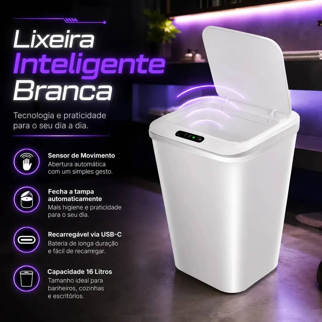 Lixeira Inteligente Automática Smart 16l Branco Recarregável Sensor Banheiro Cozinha Moderna