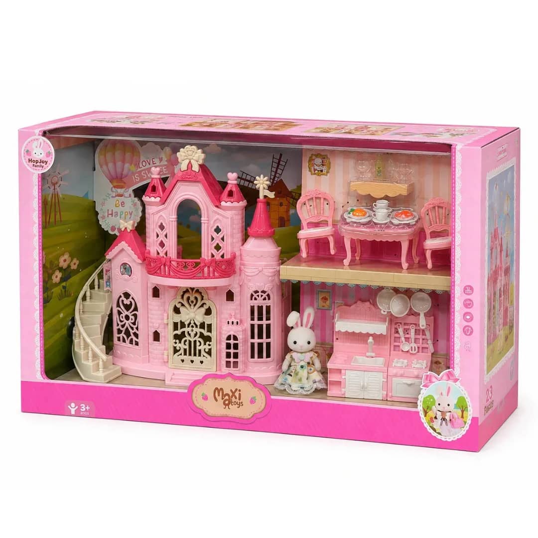 Brinquedo Casinha Boneca Coelho Kit Castelo Parque Móveis Cenários Acessórios Hopjoy Maxi Toys - Casinha Encantada