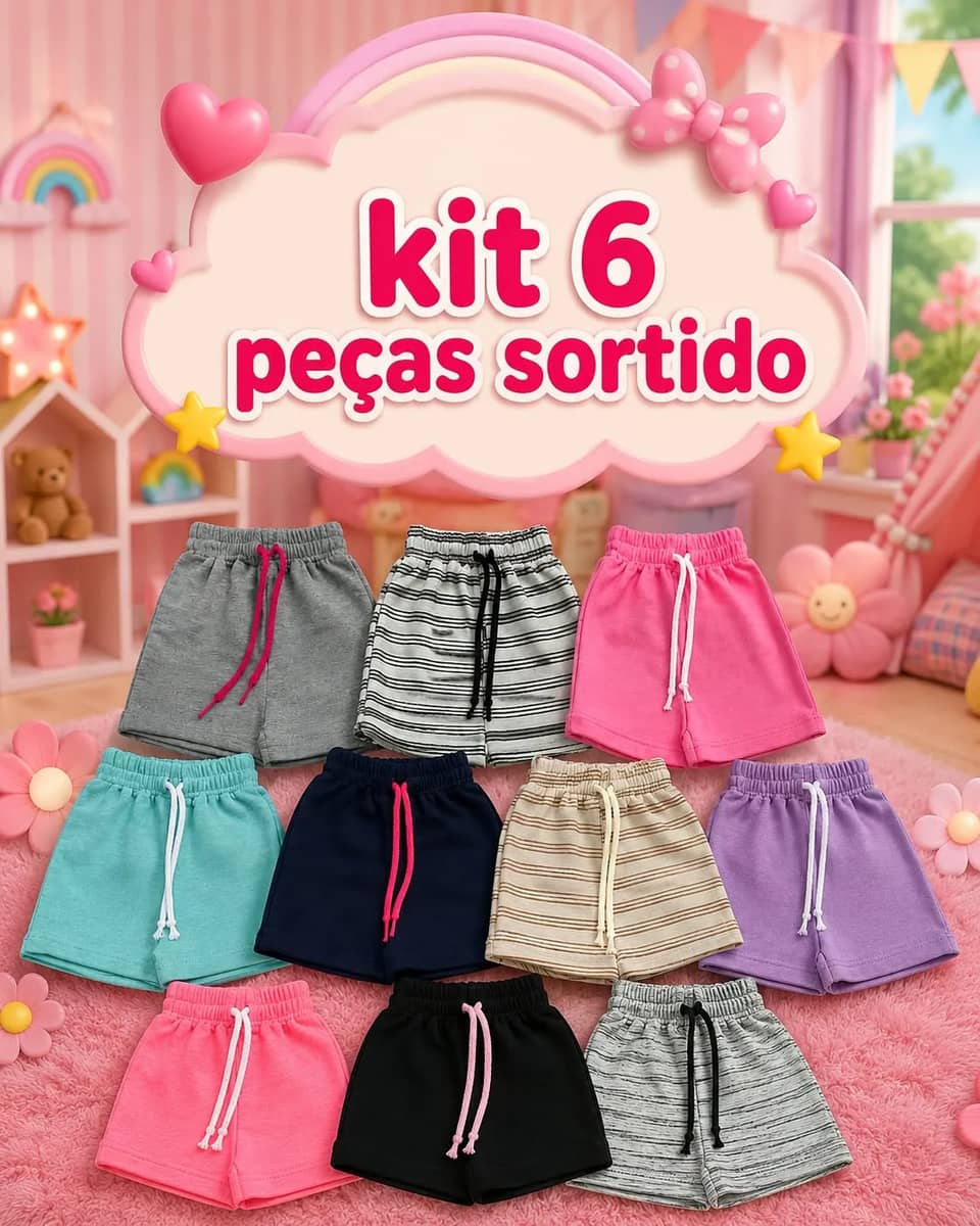 Kit 6 Shorts Infantil Feminino Menina Verão Confortável Sortido Moletinho 8