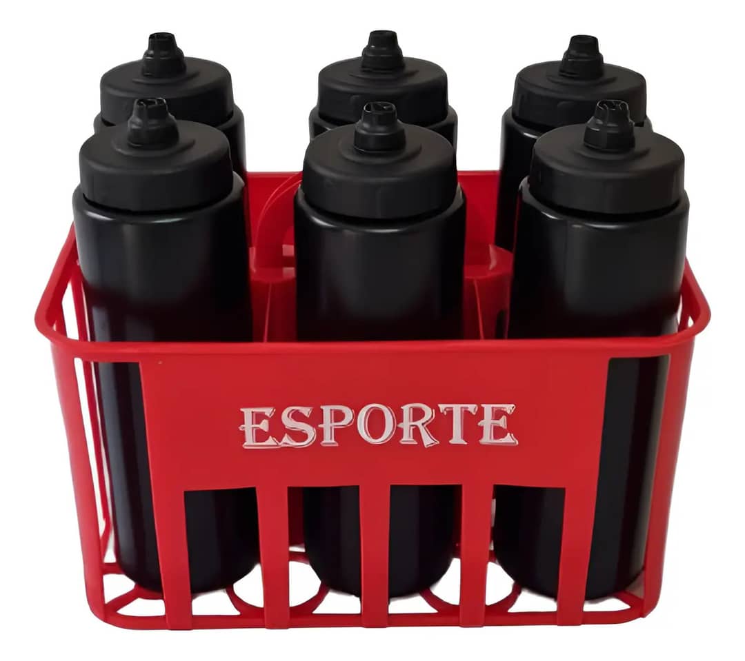 Kit Cesta Porta Garrafas + 6 Squeeze Automaticas Vermelho Com Preto