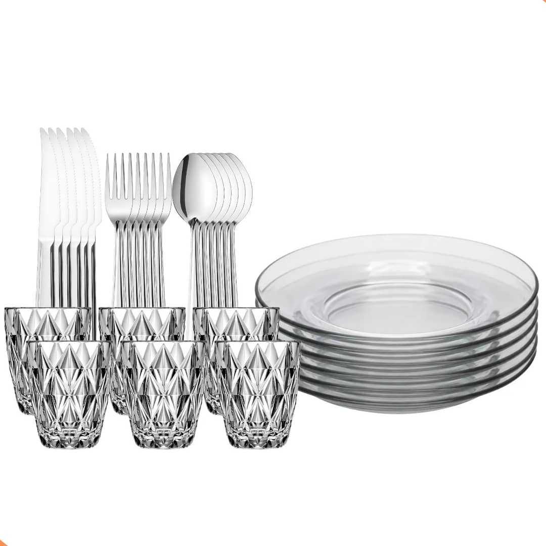 Aparelho De Jantar 30 Peças Copos Diamond Pratos E Talheres Transparente Diamond