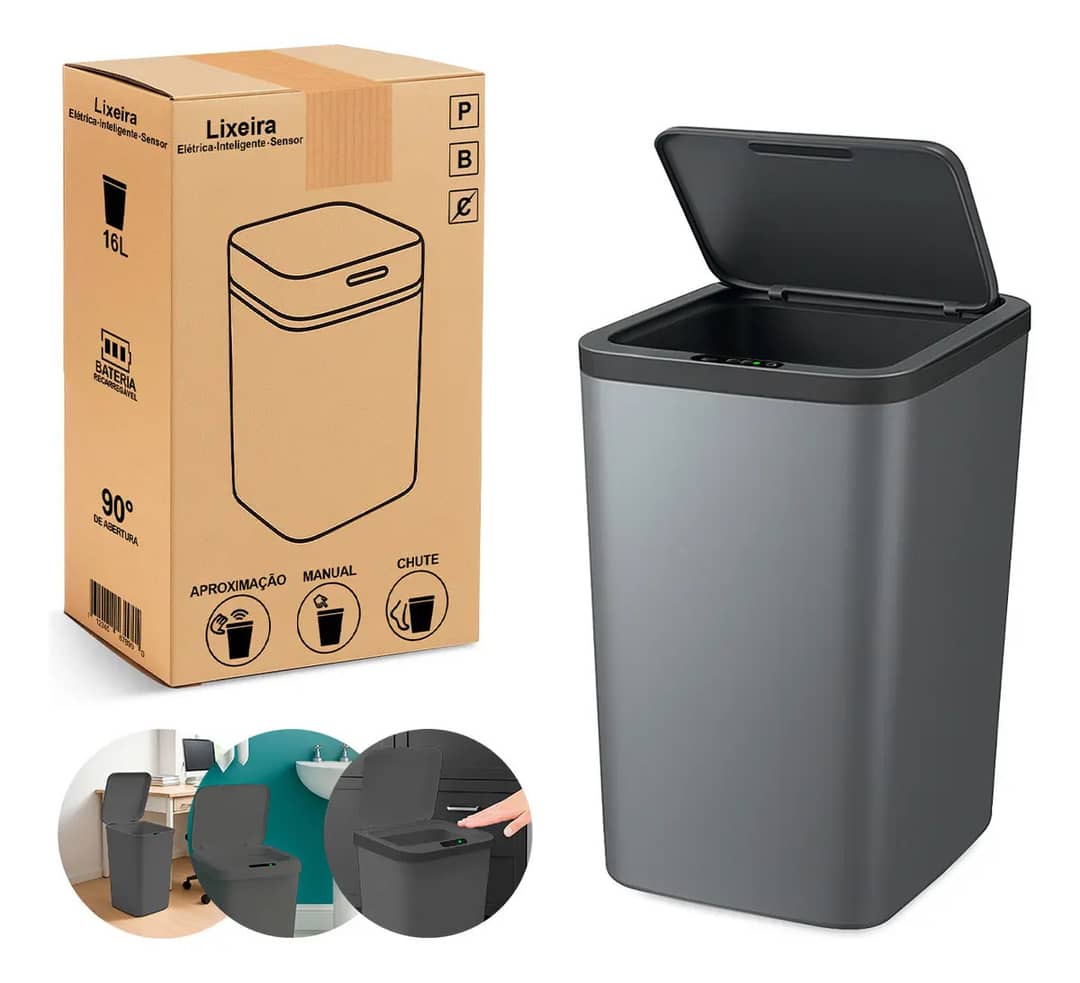 Lixeira Inteligente Automática Cinza Com Sensor De 16l