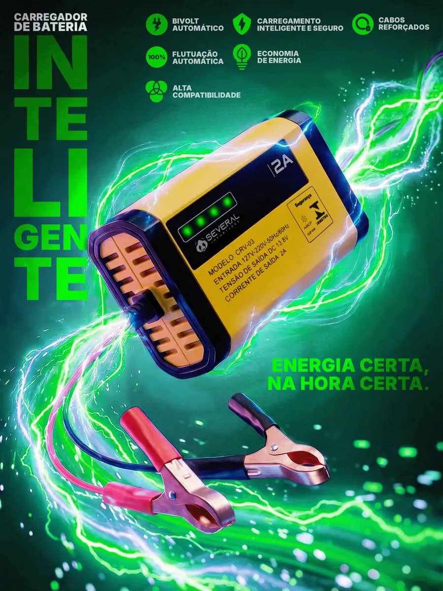 Carregador Bateria Automotivo 12v Até 300 Amperes, Carga Lenta 2a, Inteligente, Portátil, Carro, Moto, Caminhão, Jet Sky, Empilhadeira, Bivolt 110/220v Several Importados