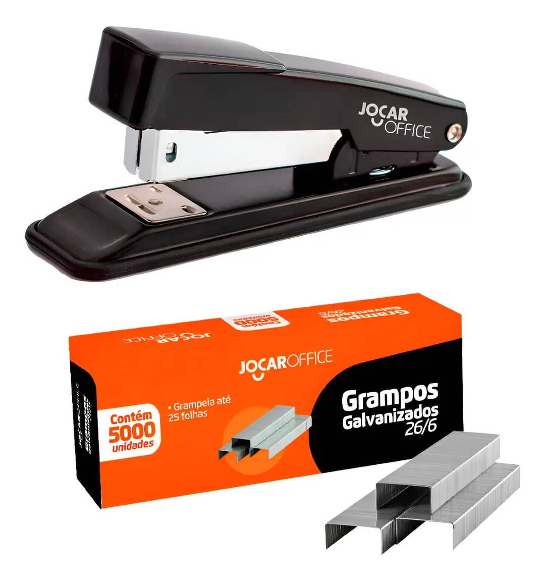 Grampeador Metal + 5000 Grampos 26/6 Galvanizados Escritório Preto