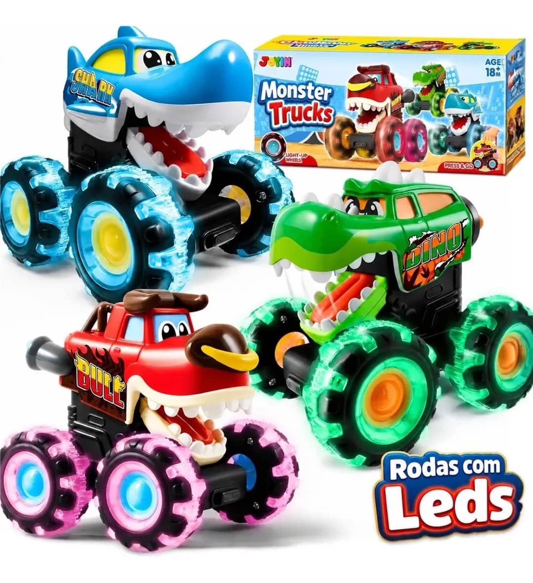 Kit 3 Carrinhos Monster Trucks Modelos Glow Rover Rodas Led Coloridas Com Fricção Luzes Brinquedo Criança Bebe