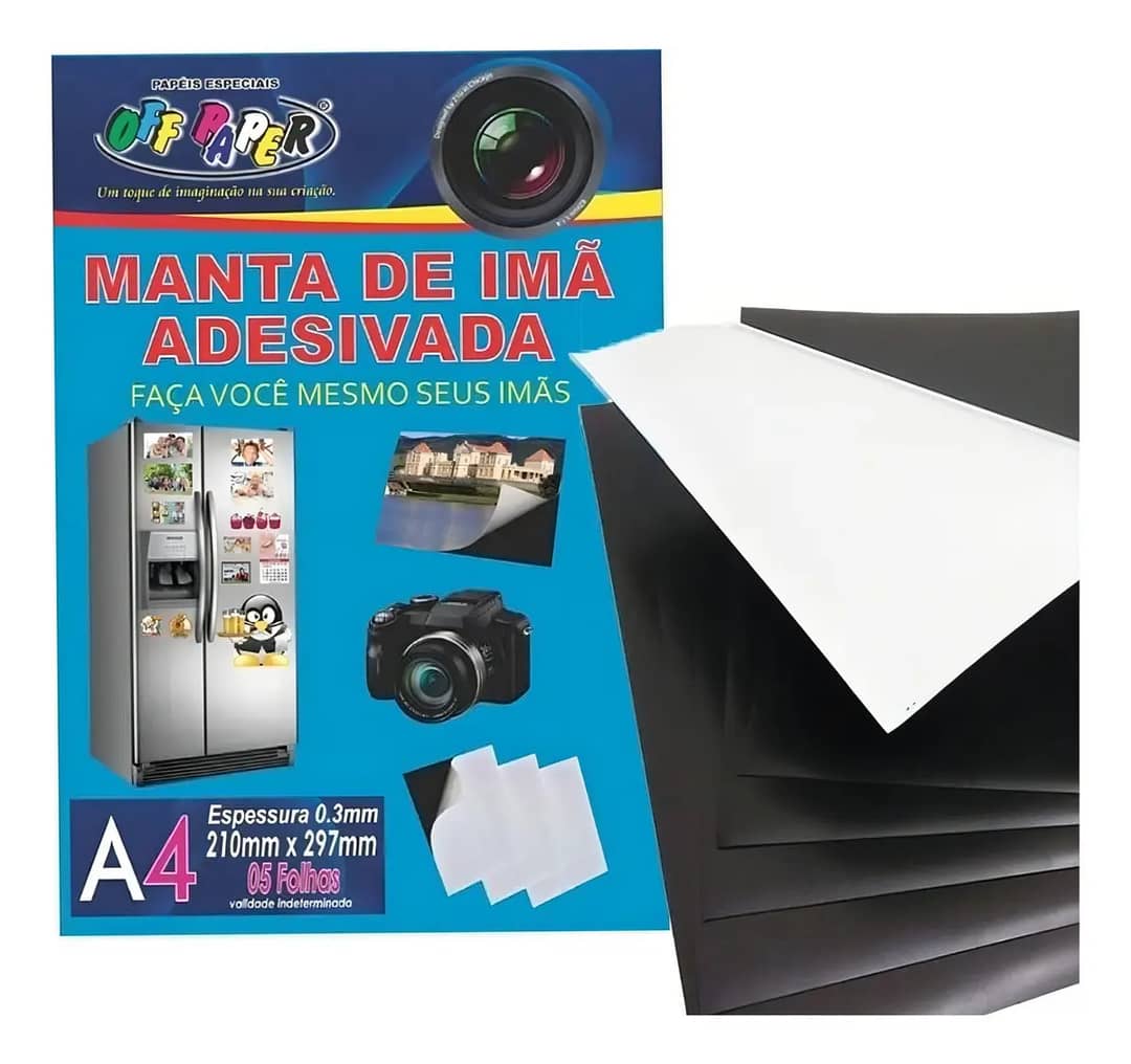 5 Folhas De Imã Manta Adesivada Magnética A4 0,3mm Cor Branco