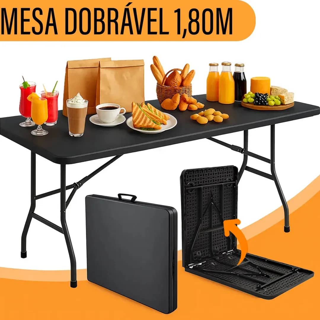 Mesa Dobrável Yab 1,80x70cm Preta Tipo Maleta Plástica Dobrável Multiuso Resistente Para Festa Buffet Camping Churrasco Jardim Área Gourmet Preto