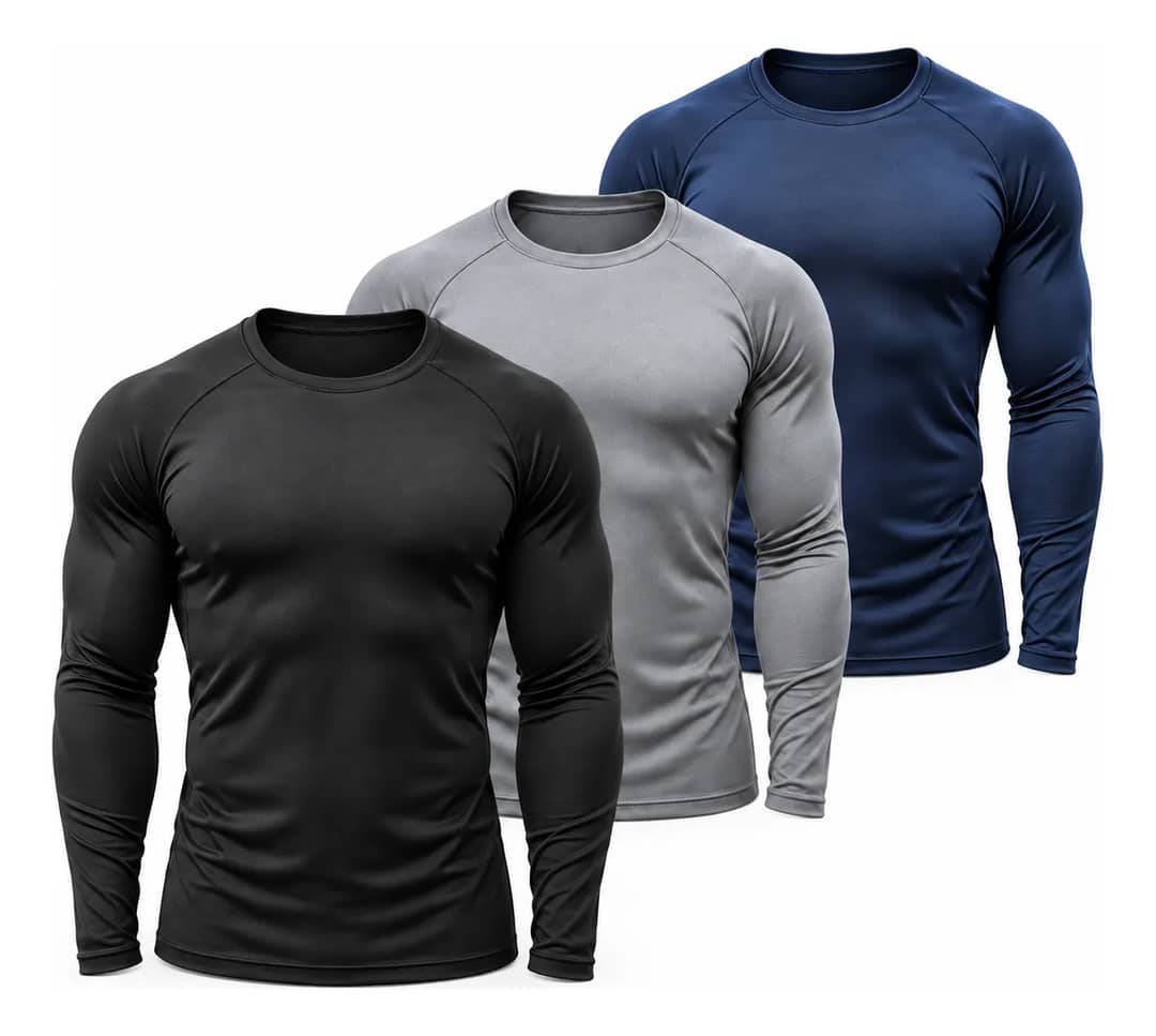 Kit 3 Camisas Proteção Uv Manga Longa Térmicas Segunda Pele Preto/ Azul-marinho/ Chumbo G (44)