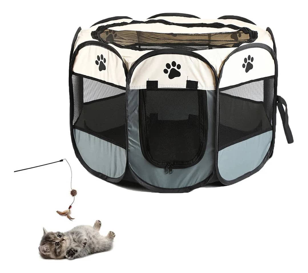Cercado Casinha Pet Dobrável Portátil Cães Gatos L 114x58cm Cinza