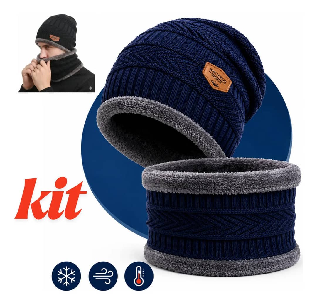 Kit Touca Gorro + Cachecol Inverno Lã Pelinho Frio Cor Preta Preto Un Geométrico