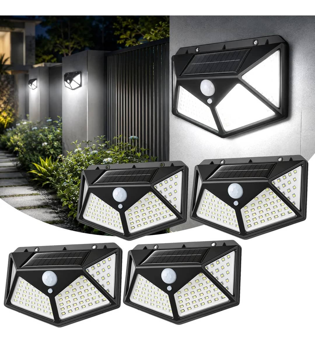 Kit 4 Luminária Solar 100 Leds A Prova D'água Parede Externa 127/220v Preto