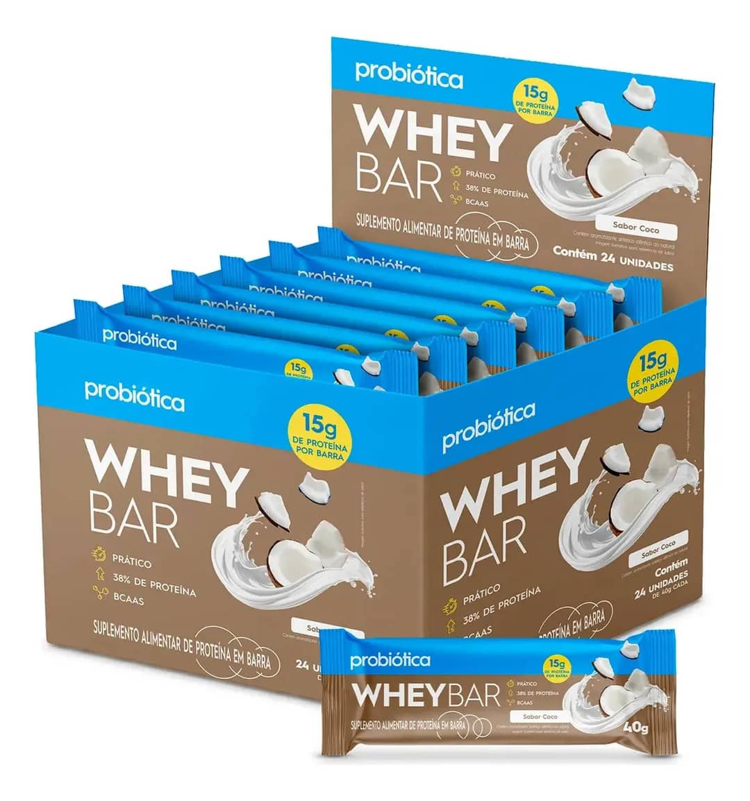 Whey Bar Probiótica 24 Barras 40g 15g Proteína Barra Proteica Sabor Coco