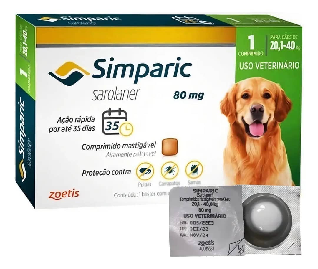 Zoetis Simparic 80mg Antipulgas Carrapatos Cães 20-40kg 1 Comprimido Cinza