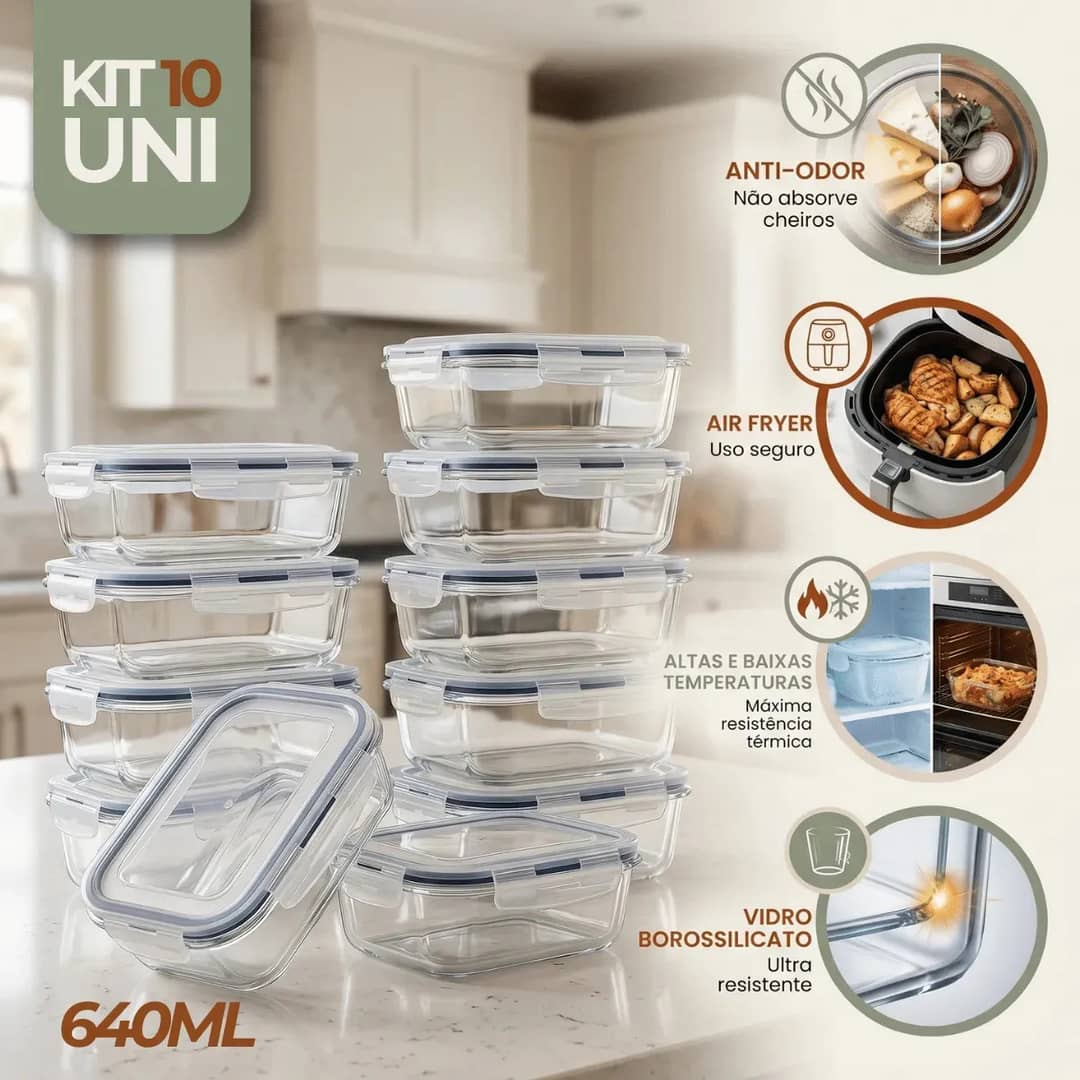 Kit 10 Potes Vidro Hermetico Vai Ao Forno Microondas 640ml Marmita Hermético Freezer Fitness Rishon Azul-escuro
