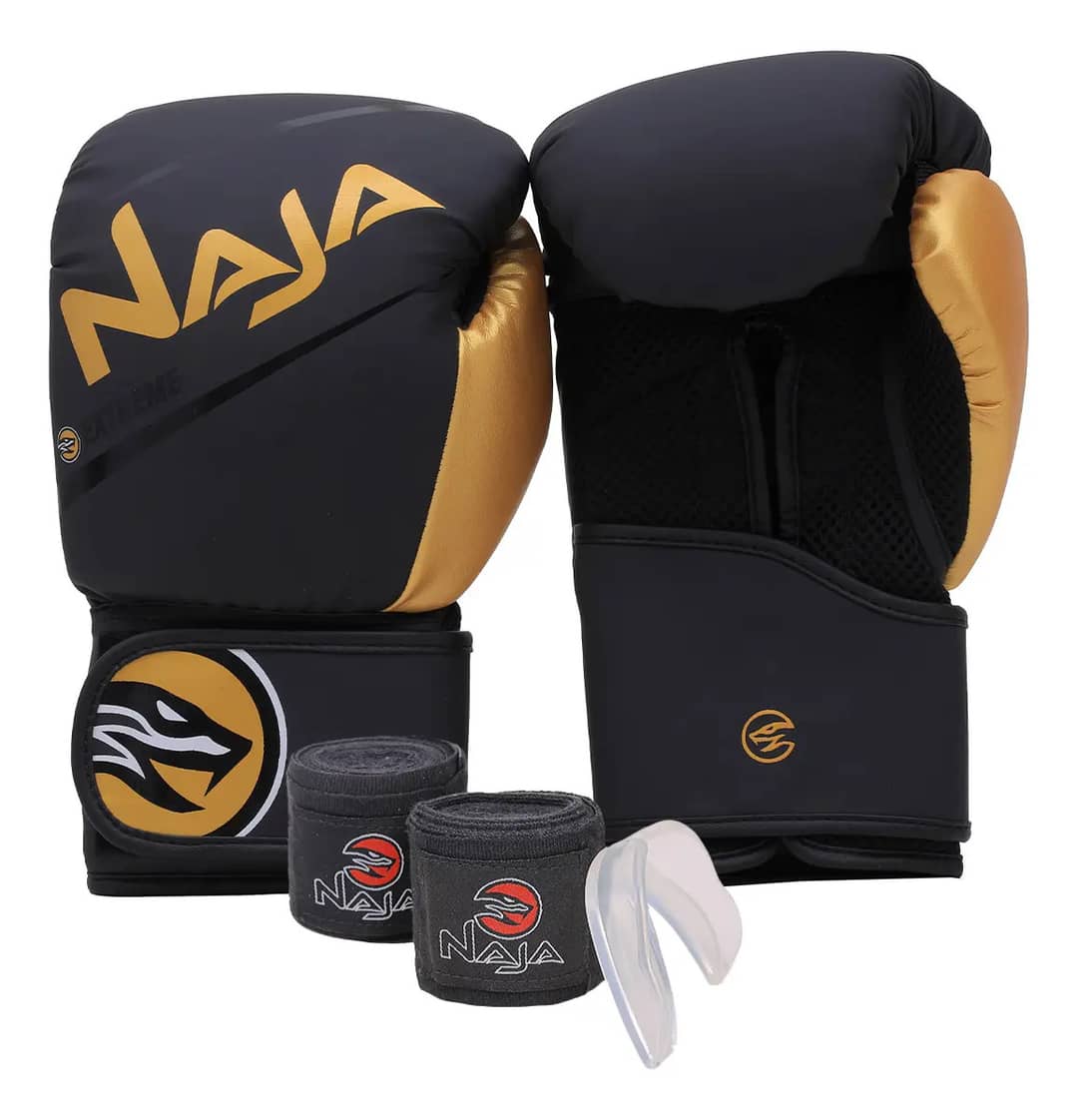 Kit Luva Boxe Muay Thai + Bandagem + Bucal Naja Extreme Cor Preto/dourado Tamanho 12oz