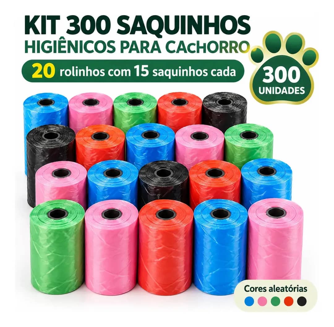 Kit 300 Saquinhos Cata Caca Pet Sacolas Higiênicas Para Cachorro E Gato Refil Saquinho Para Fezes Coletor De Dejetos Passeio Jardim Rua Material Resistente Alta Qualidade Colorido