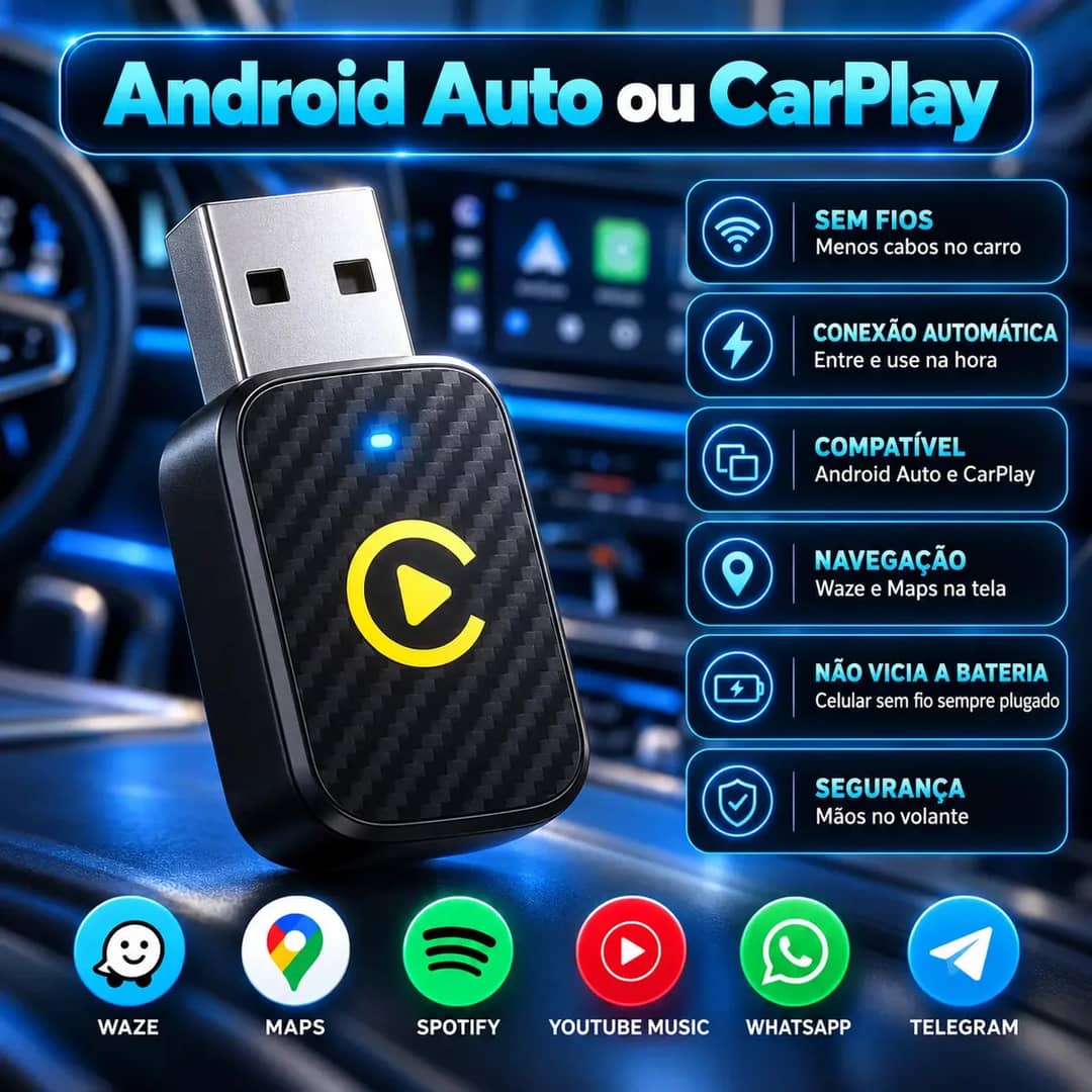 Adaptador Carplay Sem Fio Android Auto 2 Em 1 Usb Wireless Automático Plug Play Para Multimdia Android Conexão Rápida