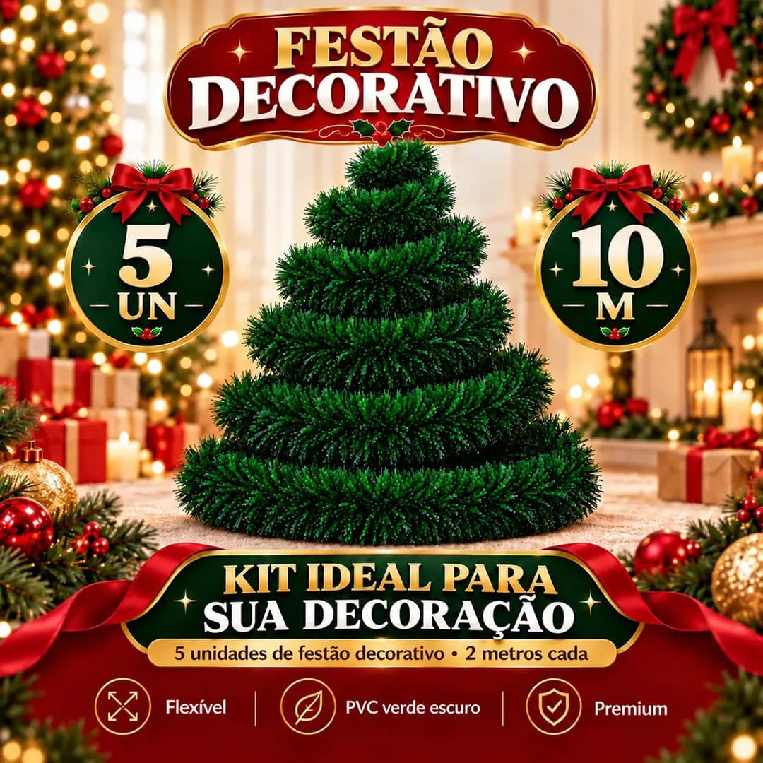 Festão Arvore De Natal Cheio Grosso Flexível Decoração De Natal 10 Metros Verde Varal Natalino 5 Peças 2m X 9cm - Petite Flô Verde - 5un Enfeite Natalino Festão