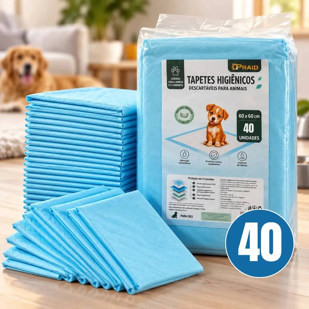 Tapete Higiênico Para Cachorro Super Absorvente 40 Unidades 60x60 Descartável Pet Cão Proteção Piso Alta Absorção Branco