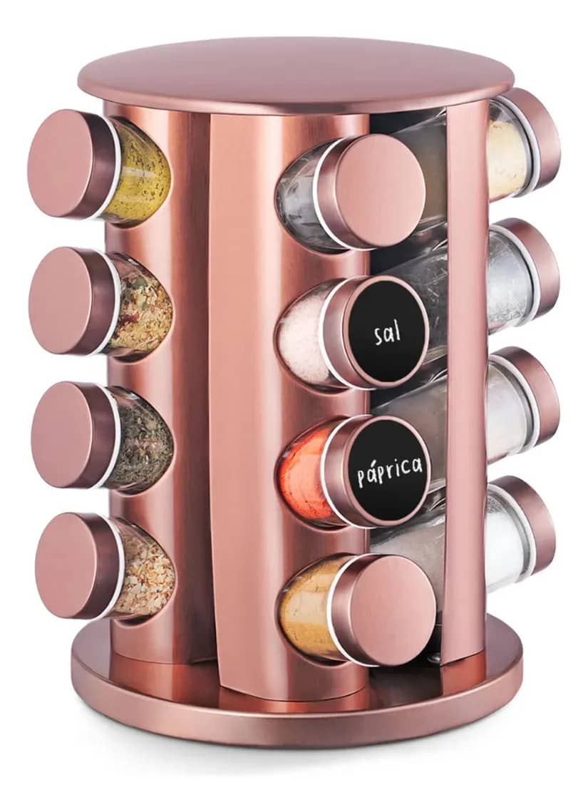 Porta Tempero Condimento 16 Potes Rose Redondo Giratório Rose Gold