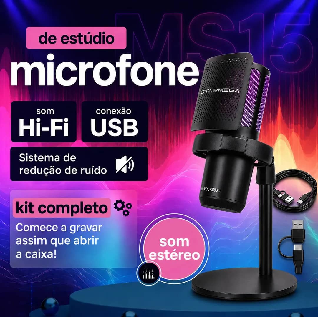 Microfone Condensador Rgb Alta Sensibilidade Usb Para Gamer Streaming E Pc Com Luz Led Preto