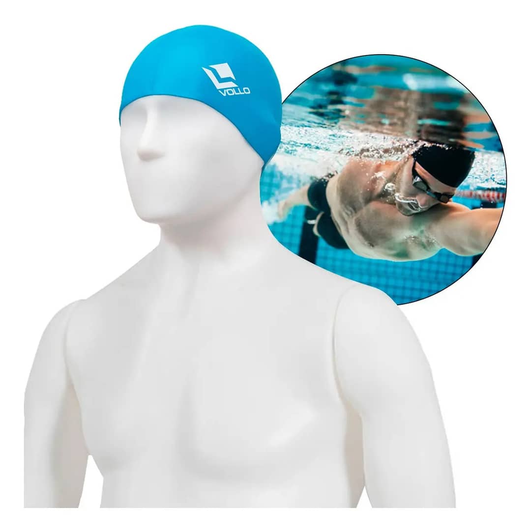 Touca De Natação De Silicone Azul Vollo Piscina Mergulho Desenho Do Tecido Liso Tamanho Unico
