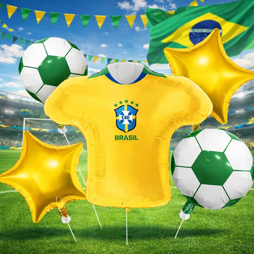 Kit 5 Balões Metalizados Copa Do Mundo Brasil Bola Futebol Amarelo